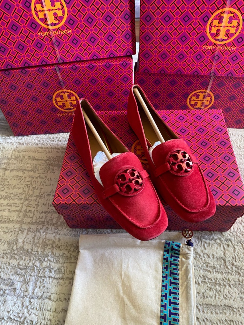 Tory Burch Red Suede Metal Miller Loafers